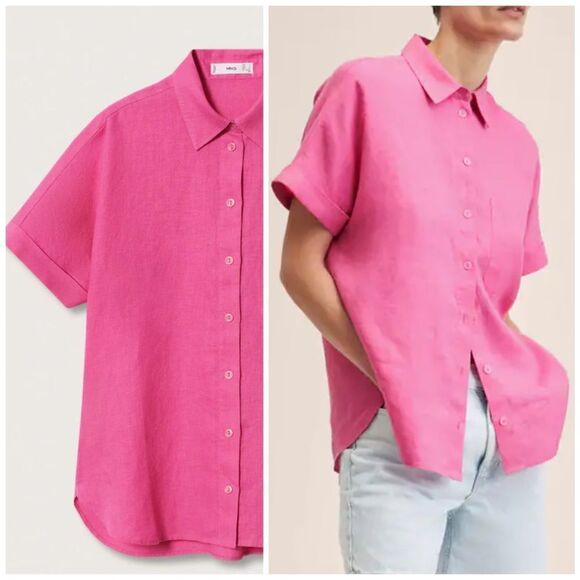 100% Linen Mango Shirt Pink Barbiecore Barbie Core - Picture 1 of 10